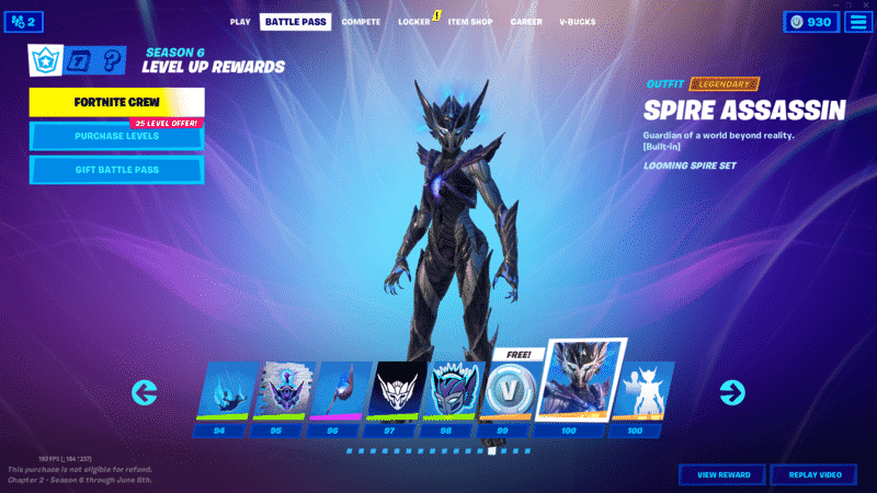 A screenshot from Fortnite on the Battle Pass section with a few different boxes showing different selections. The new Spire Assassin skin stands in the middle of the image.
