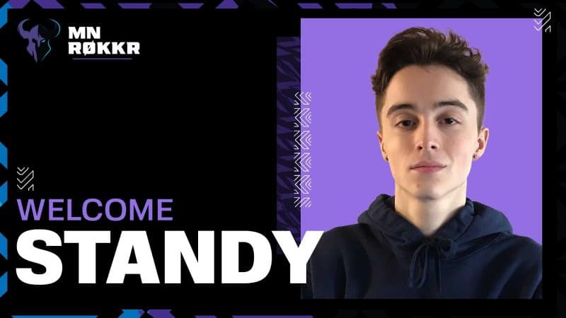 Pro Call of Duty player Eli "Standy" Bentz is pictured inside a purple box. Beside that is a black background encompassing the rest of the image with the Minnesota Rokkr logo in the corner and the text "Welcome Standy" on the bottom.