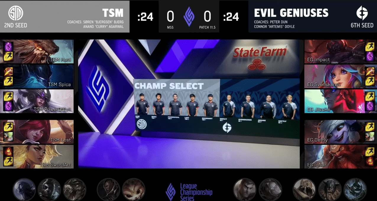 A screenshot from the LCS broadcast for Game One of the Mid-Season Showdown match between TSM and Evil Geniuses. The picked and banned champion drafts appear at the bottom of the image with a shot of monitors showing the EG roster above.