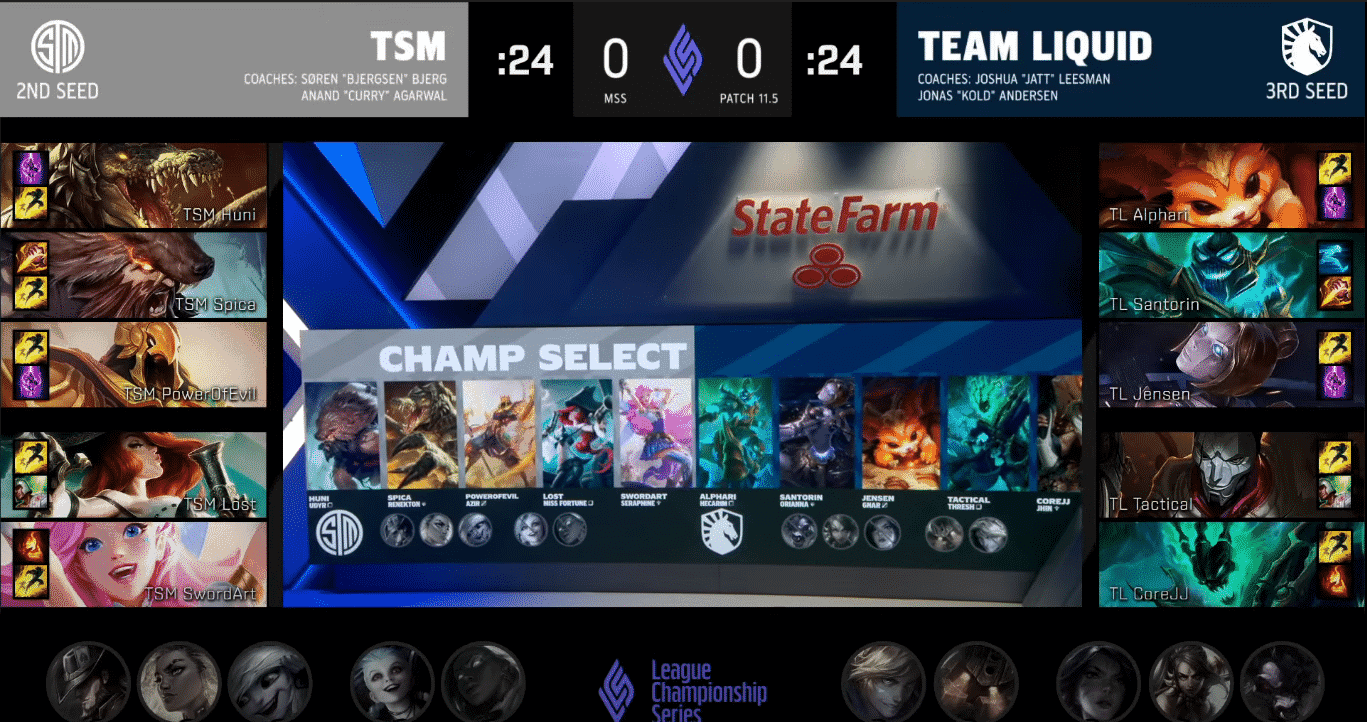 A screenshot of the drafts between TSM and Team Liquid in Game One of their series at the Mid Season Showdown. LoL champions are shown selected in the players' respective boxes, along with some in smaller boxes as banned champions on the bottom of the image.