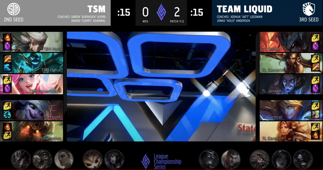 A screenshot of the drafts between TSM and Team Liquid in Game Three of their series at the Mid Season Showdown. LoL champions are shown selected in the players' respective boxes, along with some in smaller boxes as banned champions on the bottom of the image.