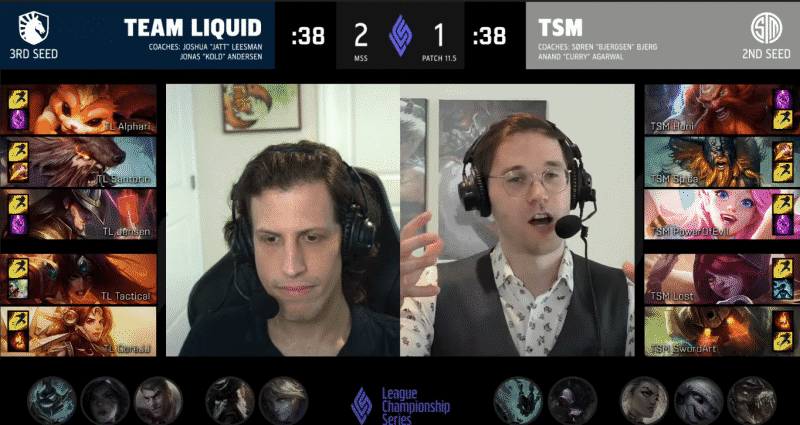 A screenshot of the drafts between TSM and Team Liquid in Game Four of their series at the Mid Season Showdown. LoL champions are shown selected in the players' respective boxes, along with some in smaller boxes as banned champions on the bottom of the image. Casters Kobe and Captain Flowers are in the middle of the drafts.