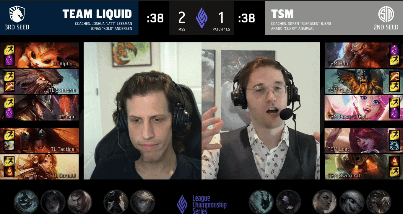 A screenshot of the drafts between TSM and Team Liquid in Game Four of their series at the Mid Season Showdown. LoL champions are shown selected in the players' respective boxes, along with some in smaller boxes as banned champions on the bottom of the image. Casters Kobe and Captain Flowers are in the middle of the drafts.