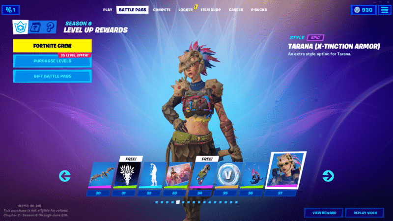 A screenshot from Fortnite on the Battle Pass section with a few different boxes showing different selections. The new Tarana X-Tinction Armor skin stands in the middle of the image.