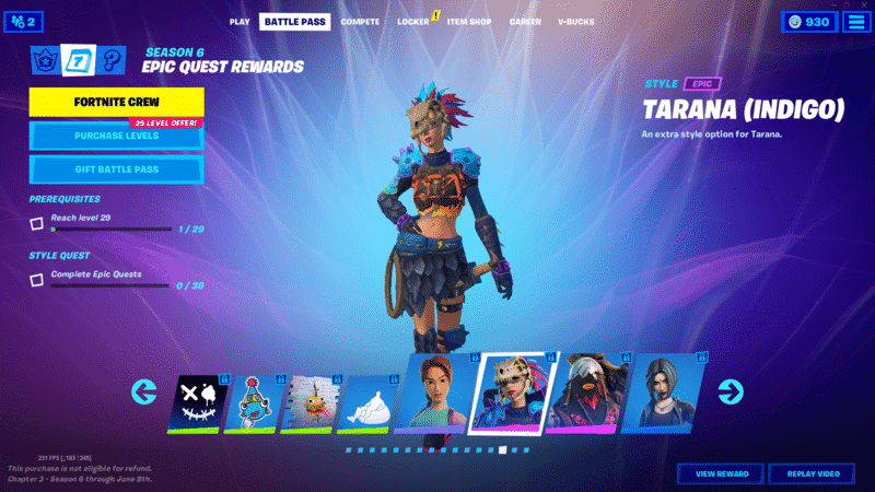 A screenshot from Fortnite on the Battle Pass section with a few different boxes showing different selections. The new Tarana X-Tinction Armor Indigo skin stands in the middle of the image.