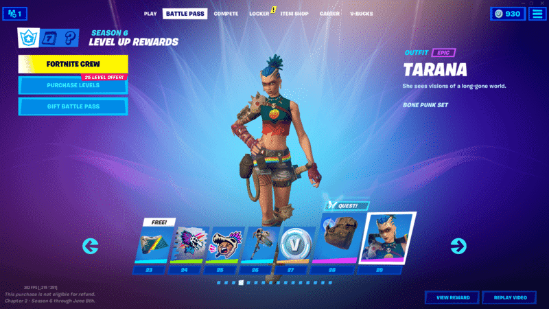 A screenshot from Fortnite on the Battle Pass section with a few different boxes showing different selections. The new Tarana skin stands in the middle of the image.