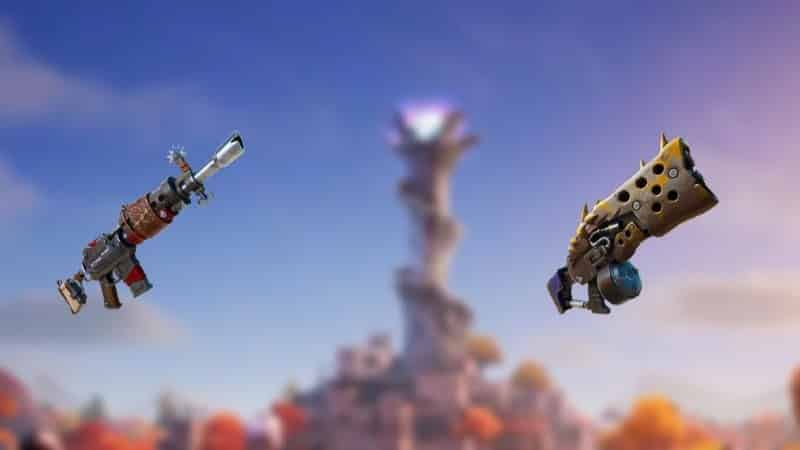 The Spire location in Fortnite is faded in the background with pictures of shotgun variants in the foreground.