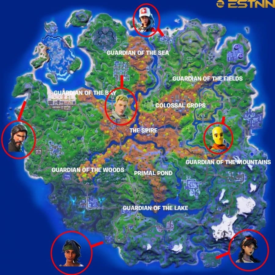 An image showing the map of Fortnite Chapter 2 Season 6 with faces of NPC characters scattered at various locations.