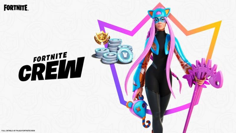 The new Alli skin, featuring a woman with long pink hair, a blue ear hat and jacket, holding a fish bones pickaxe and rat head item. Behind her is the Fortnite Crew crown logo and a pile of V-bucks. To the side of that are the words "Fortnite Crew" on a white background with V-buck designs outlined.