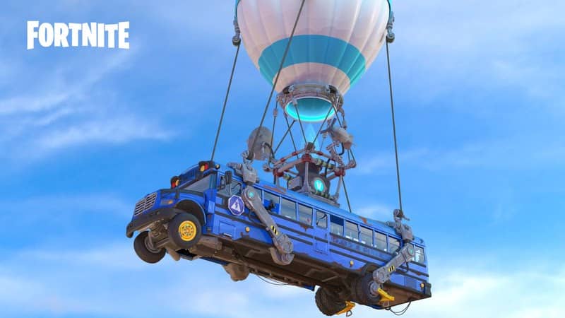 Art of the blue Battle Bus from Fortnite, an armored bus flying in the air with a hot air balloon on top of it.
