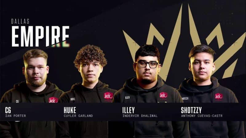 The roster for the Dallas Empire stand facing the camera in their team hoodies. The team logo, a stylized gold crown, appears in the background.