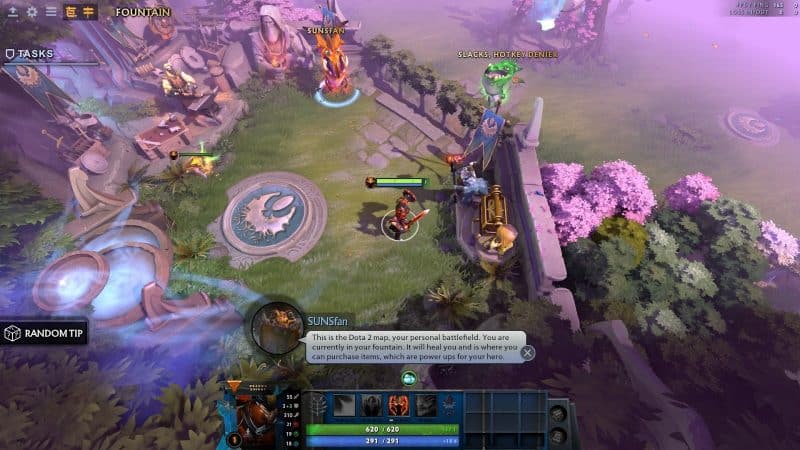 An in-game view of the Dota 2 map, featuring helpful pop up tool tips narrated by Sunsfan and Slacks