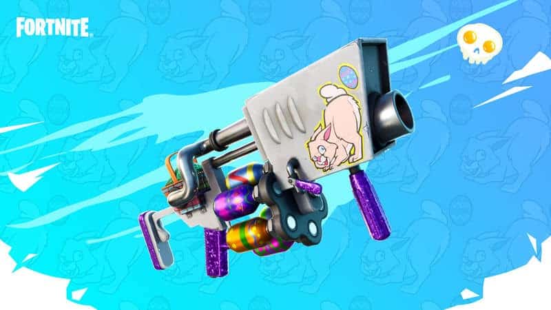 An Egg Launcher weapon from Fortnite appears on a blue and white background.