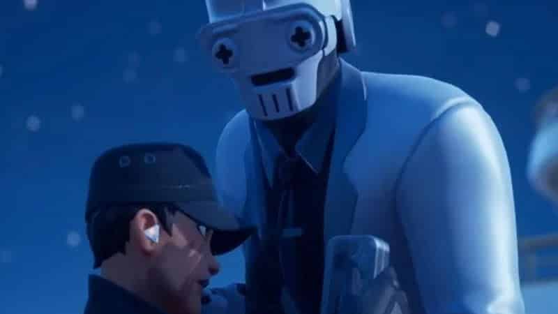 A robot henchman from Fortnite white a white face towers over a female Fortnite character with a starry night sky behind them.