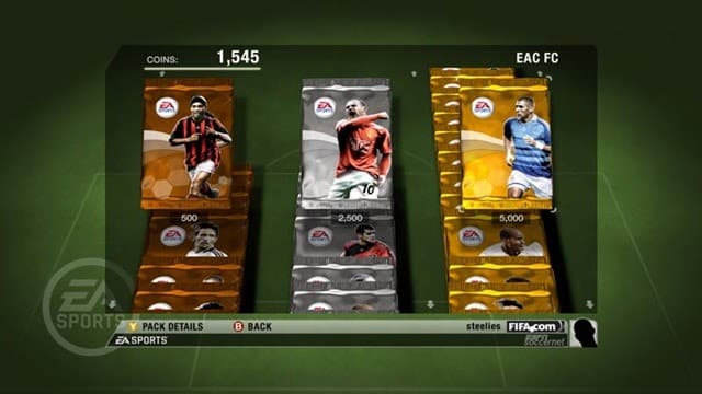 A screenshot from FIFA 2009 showing three player cards, one bronze, one silver and one gold, for the Ultimate Team.