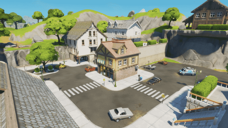 The quaint clifftop town at the Fortnite POI, Craggy Cliffs