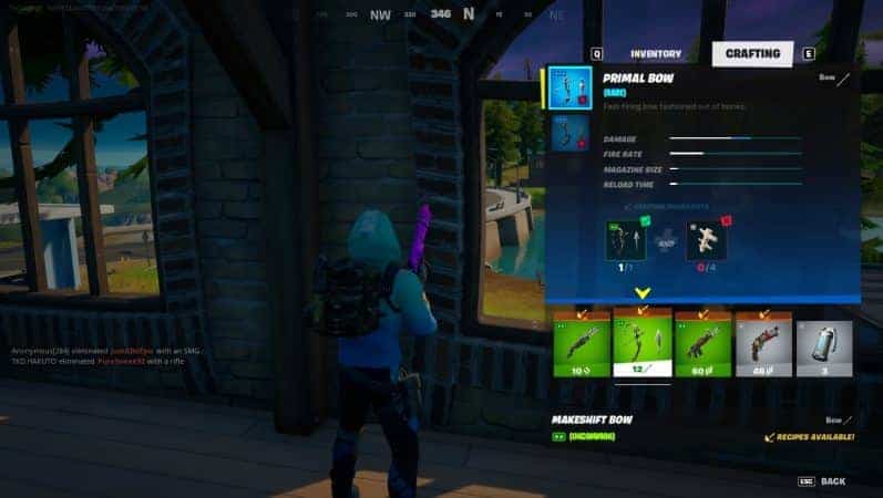 A screenshot showing the crafting menu in Season 6 with the requirements for crafting the Primal Bow displayed