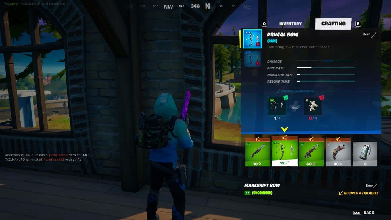 A screenshot showing the crafting menu in Season 6 with the requirements for crafting the Primal Bow displayed