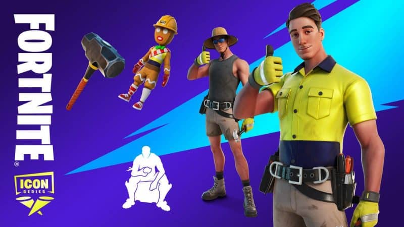 The Lazarbeam Fortnite ICON skin holds a thumbs up with another outfit, a gingerbread with a hard hat, a sledgehammer and a white silhouette of a person sitting. The word "Fortnite" is on the side of the screen with the ICON Series shield logo beneath it.