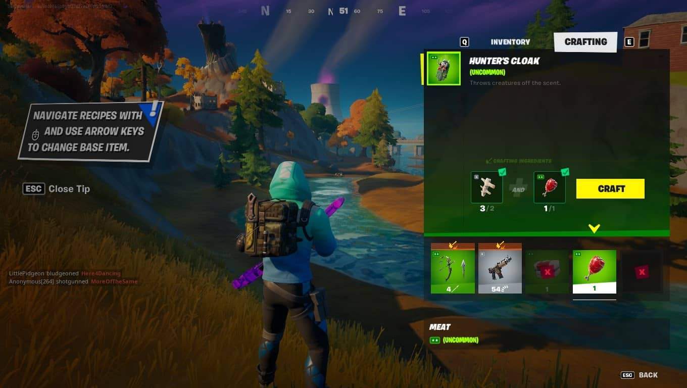 A screenshot from a Fortnite player's perspective, with a menu on the side showing an option for how to craft the Hunter's Cloak.