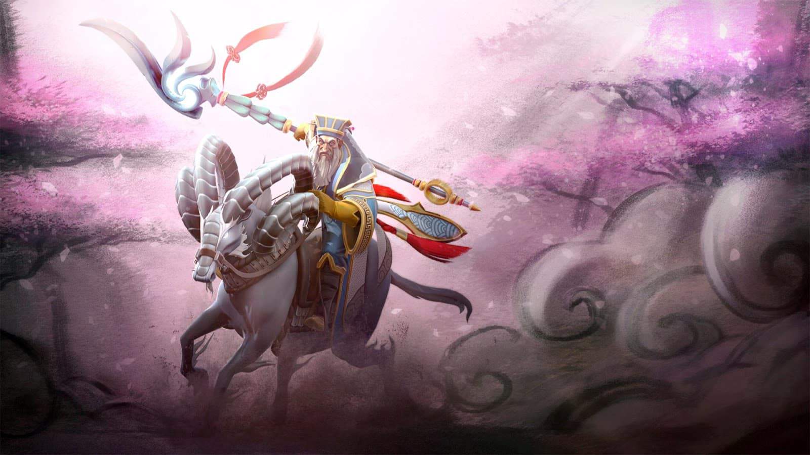 The Dota 2 hero Keeper of the Light, an old man riding a horned creature, rides through a forest filled with pink trees.