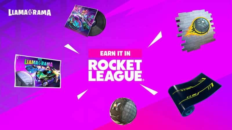 The words "Earn it in Rocket League" appear in the middle of the image surrounded by item rewards from the Llama Rama event, including a Rocket League ball, a spray, a music track, a post card and a road mat, all on a purple background.