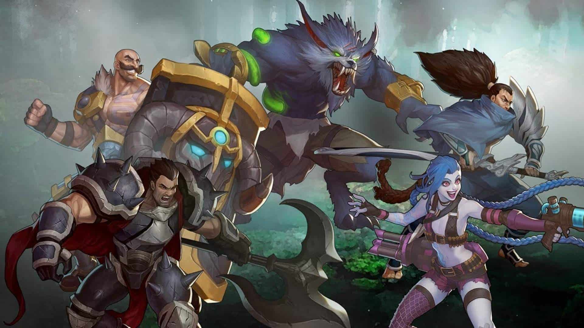 League of Legends champions Braum, Warwick, Yasuo, Darius and Jinx stand ready for battle on a misty battlefield