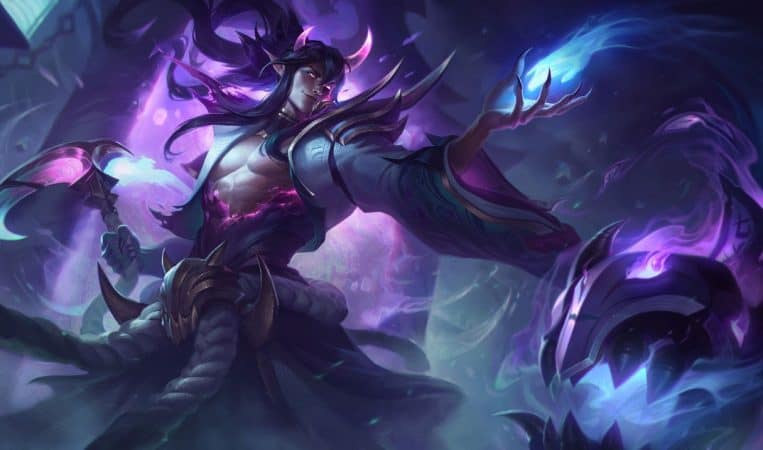 The League of Legends Champion Thresh wields a bright azure flame in his hand, glowing purple horns adorn his head