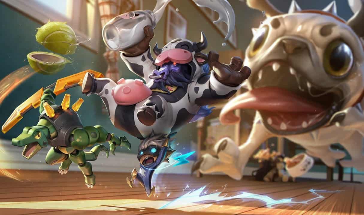 The League of Legends Champion Alistair leaps around in a full body cow suit, splashing milk from a jar