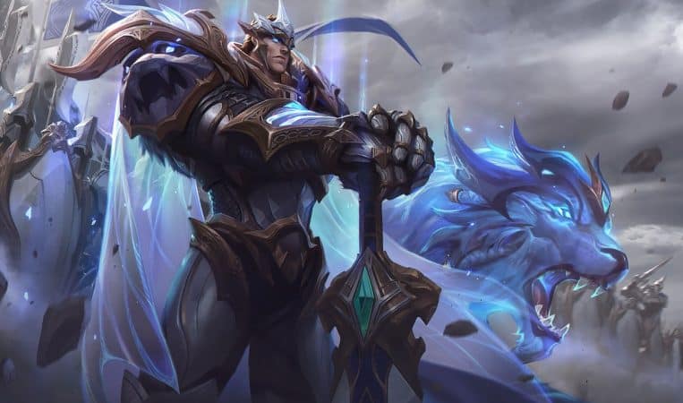 The League of Legends Champion Garen stands with his mighty sword wearing a crown of gold and silver