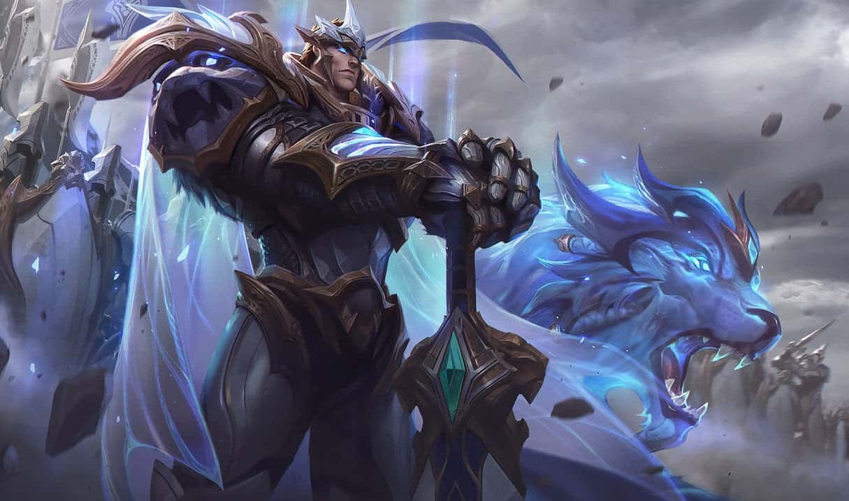 The League of Legends Champion Garen stands with his mighty sword wearing a crown of gold and silver