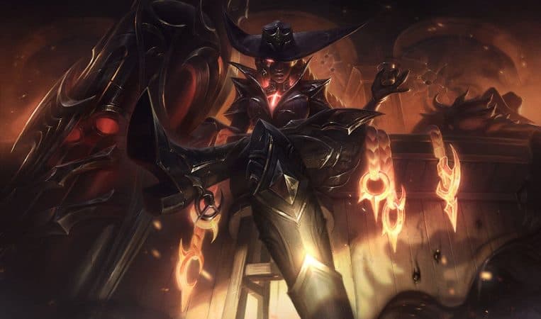 The League of Legends Champion Senna sits upon a bar stool with a drink in her hand, flaming chains decorate the bar behind her