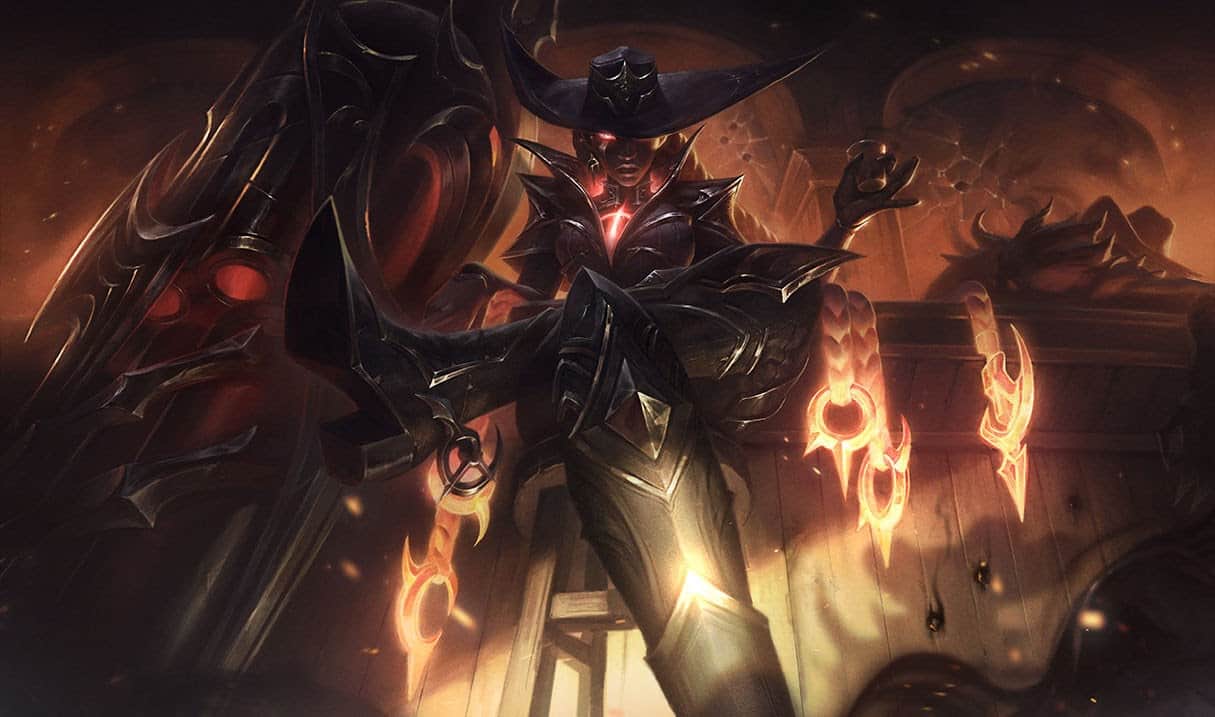 The League of Legends Champion Senna sits upon a bar stool with a drink in her hand, flaming chains decorate the bar behind her