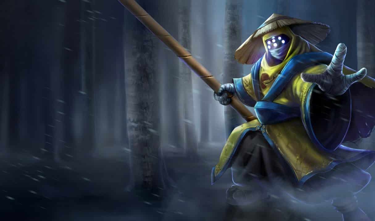 The LoL PAX Jax skin, showing the Champion in an Asian inspired outfit with a wooden bo, creeping through the forest 