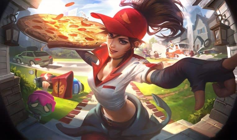 The League of Legends Champion Sivr, wearing a bright red cap and white polo shirt, pulls her arm back to throw a freshly baked pizza 