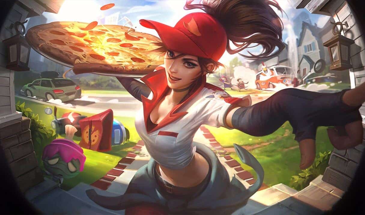 The League of Legends Champion Sivr, wearing a bright red cap and white polo shirt, pulls her arm back to throw a freshly baked pizza