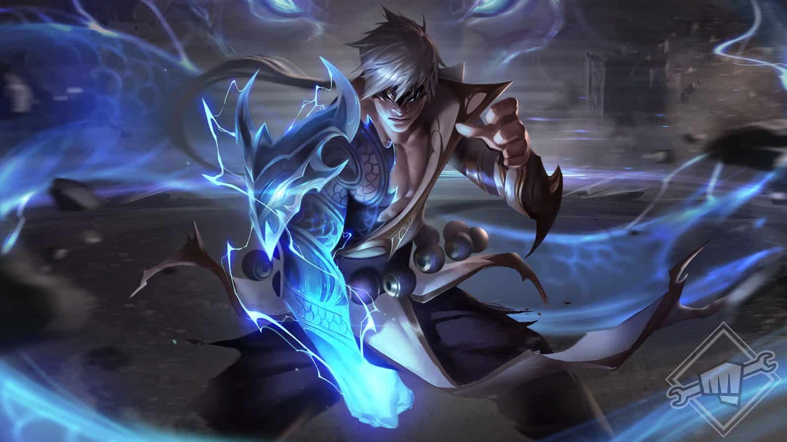 The League of Legends Champion Lee Sin punches downward with his fist wreathed in lightning