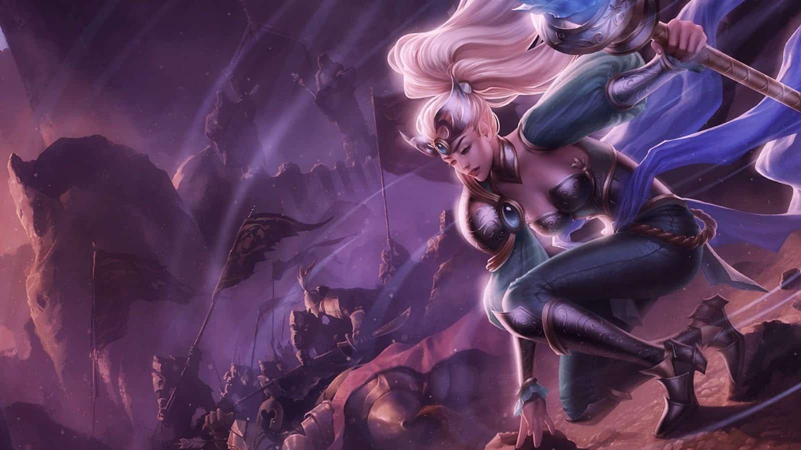 The splash art for Janna's Victorious skin shows with a crystal lance, leading the charge