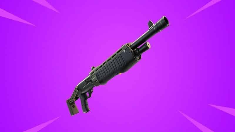 A black Pump shotgun from Fortnite appears in the middle of an image over a purple background with white action lines.