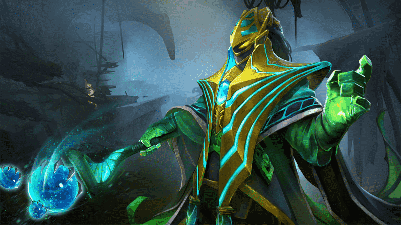 The Dota 2 hero Rubick holds its green and blue staff in a cave, pointing it towards the ground.