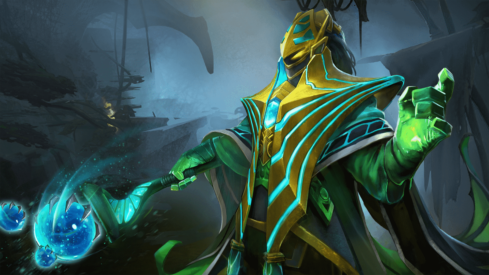 The Dota 2 hero Rubick holds its green and blue staff in a cave, pointing it towards the ground.