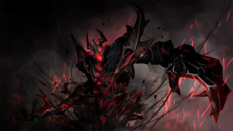 Dota 2 hero Shadow Fiend, a dark colossus figure, appears in black and red, shrouded in darkness.