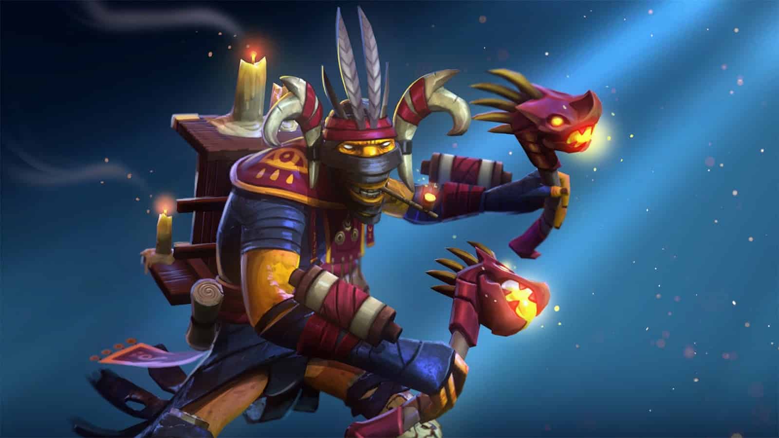 The Dota 2 hero Shadow Shaman, dressed in tribal attire, holds two wands that resemble dragons.
