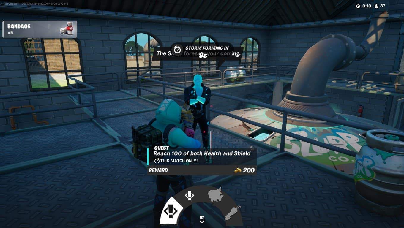 An in-game screenshot of Fortnite, where a player is standing in front of Slurp Jonesy with a selection wheel open at the bottom of the screen.
