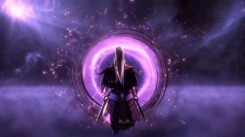 Dota 2 hero Void Spirit. An old monk man who appears before a purple portal amongst a purple, dark cosmic background.