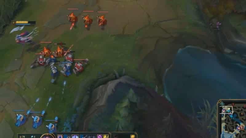 A screenshot from League of Legends showing a player playing Irelia in the top lane and freezing a minion wave.