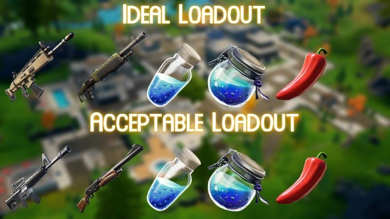 Two loadouts from Fortnite are shown, both with two guns, two potions and a pepper. One is labeled "Ideal Loadout" and the other is "Acceptable Loadout."
