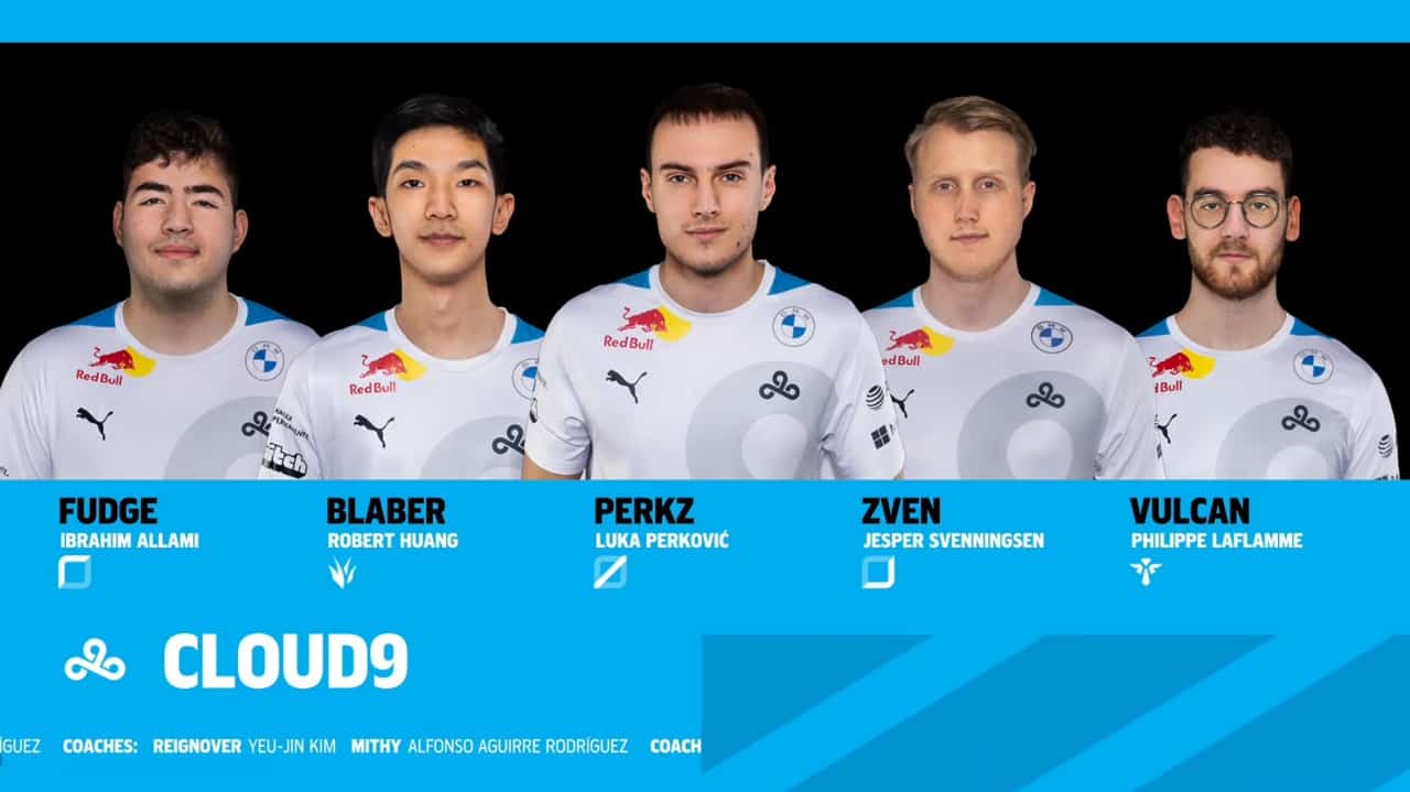 The 2021 Cloud9 LCS roster of Fudge, Blaber, Perkz, Zven and Vulcan appear with their names under them and a C9 logo below.