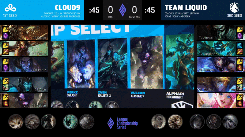 A screenshot from the LCS broadcast for Game One of the Mid-Season Showdown match between Cloud9 and Team Liquid. The picked and banned champion drafts appear at the bottom of the image with a shot of monitors showing Sylas, Kalist, Alistar and Hecarim in the center.