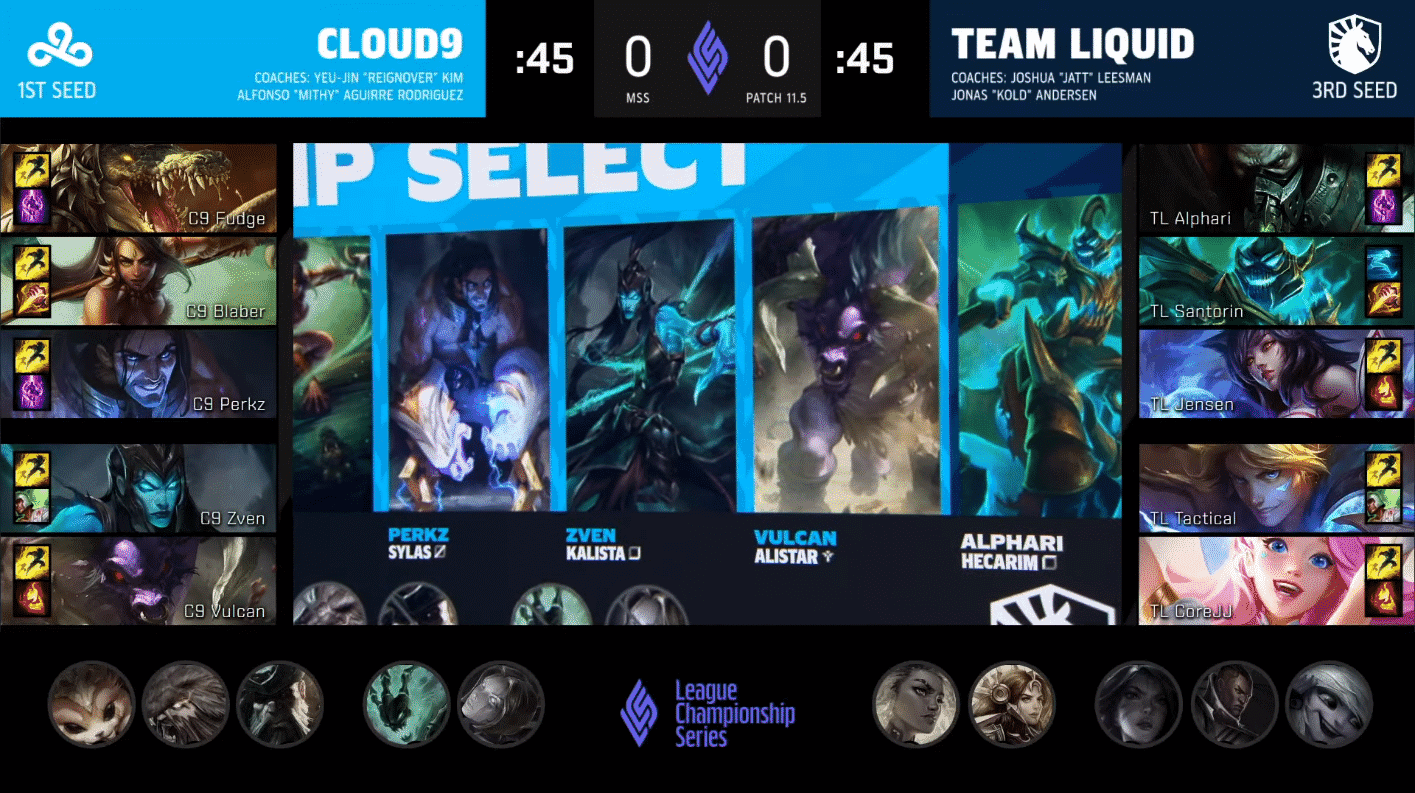 A screenshot from the LCS broadcast for Game One of the Mid-Season Showdown match between Cloud9 and Team Liquid. The picked and banned champion drafts appear at the bottom of the image with a shot of monitors showing Sylas, Kalist, Alistar and Hecarim in the center.